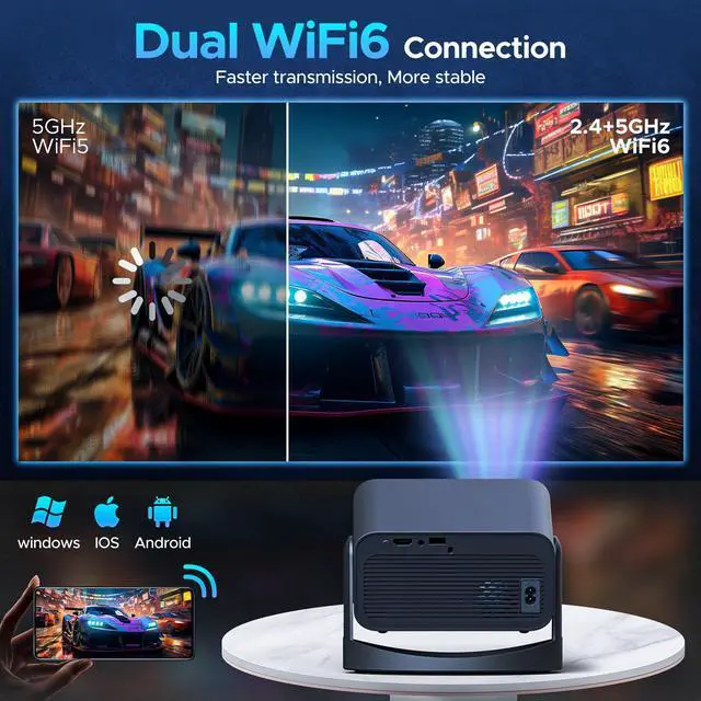 Alt view image 2 of 7 - Projector with WiFi and Bluetooth, Portable 4k Movie Projector, 1080P HD Support, 360° Adjustable Stand, Electric Focus & Auto Keystone Correction, Compatible for Phone, TV Stick, HDMI, USB, Laptop