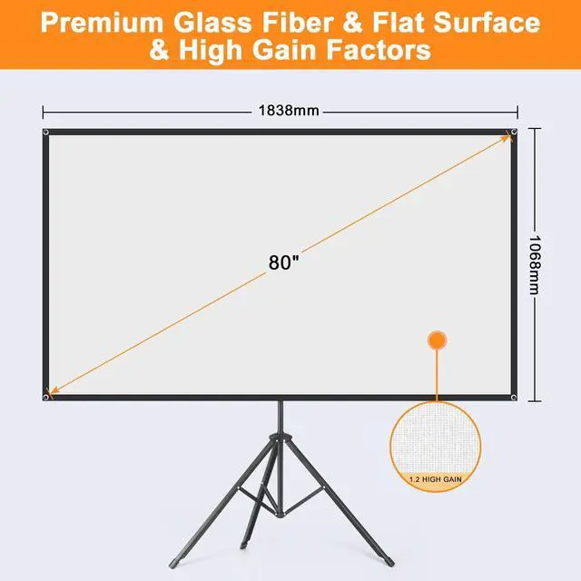 Alt view image 2 of 7 - Projector Screen with Stand, 80 Inch Portable Projector Screen Outdoor Indoor, 1.2 Gain Fiberglass Projection Screen, 16:9 Outdoor Movie PVC Screen with Carrying Bag for Movie Night (White Screen)