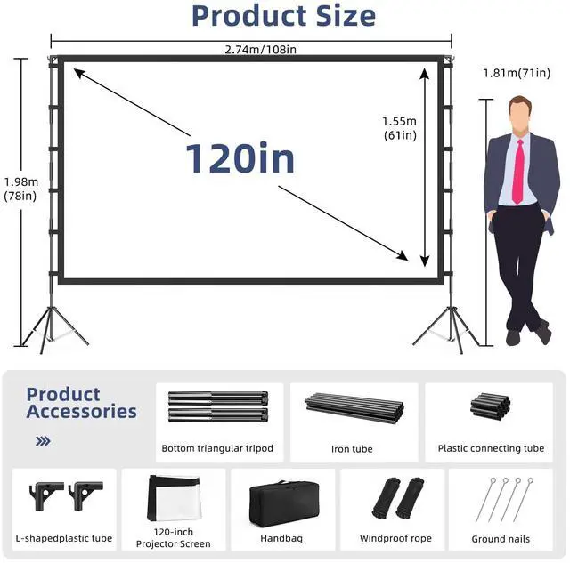 Alt view image 5 of 6 - Projector Screen Outdoor,  Projector Screen with Stand Portable 120" Foldable ProjectorScreen, 10 Feet Indoor Movie-Screen with Carrying Bag for Home Theater Backyard Movie Night