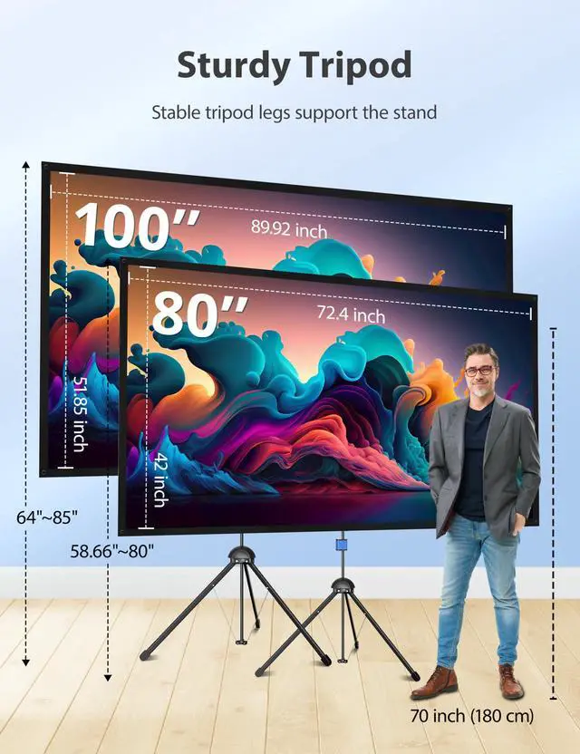 Alt view image 2 of 7 - Projector Screen with Stand,  80-inch Outdoor Indoor Projector Screen 16:9 4K HD PVC, 1.5 Gain Portable Wrinkle-Free Movie Screen for Home Backyard Theater with Carry Bag, Ground Nails