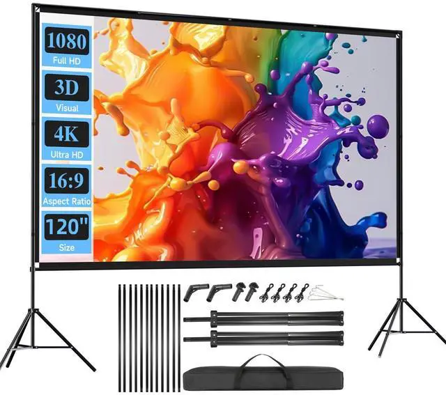 Main image of Outdoor Projector Screen with Stand, 120 inch Foldable Projector Screens with Portable Carry Bag, 16:9 4k HD Rear Front Wrinkle-Free Projection Screen for Movie Night and Indoor Home Theater