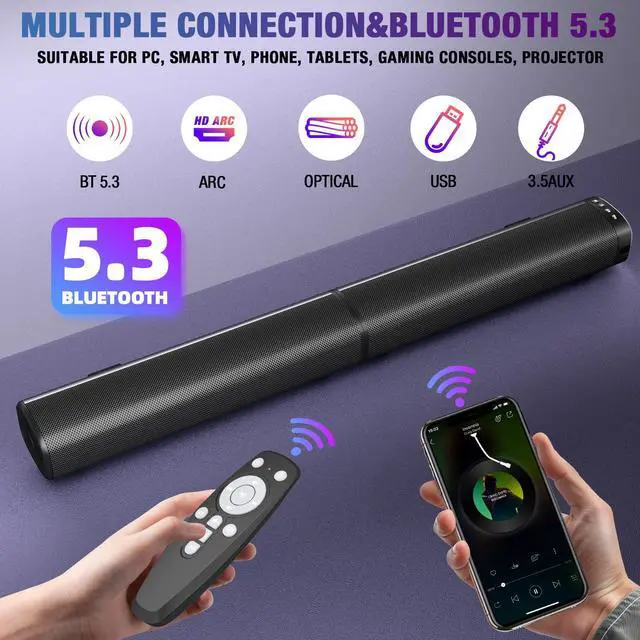 Alt view image 2 of 7 - Sound Bar, 100W Sound Bar for Smart TV, Bluetooth 5.3 Soundbar, 2 in 1 Detachable Home Speaker Bass Effect, Home Theater Surround Sound, ARC/Optical/AUX/USB Connections, for TV/PC/Projectors