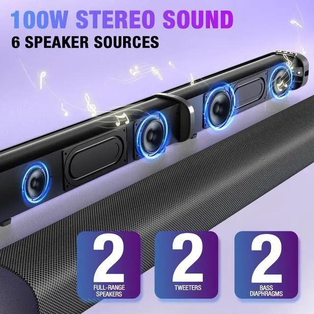 Alt view image 3 of 7 - Sound Bar, 100W Sound Bar for Smart TV, Bluetooth 5.3 Soundbar, 2 in 1 Detachable Home Speaker Bass Effect, Home Theater Surround Sound, ARC/Optical/AUX/USB Connections, for TV/PC/Projectors
