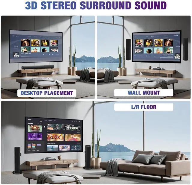 Alt view image 7 of 7 - Sound Bar, 100W Sound Bar for Smart TV, Bluetooth 5.3 Soundbar, 2 in 1 Detachable Home Speaker Bass Effect, Home Theater Surround Sound, ARC/Optical/AUX/USB Connections, for TV/PC/Projectors