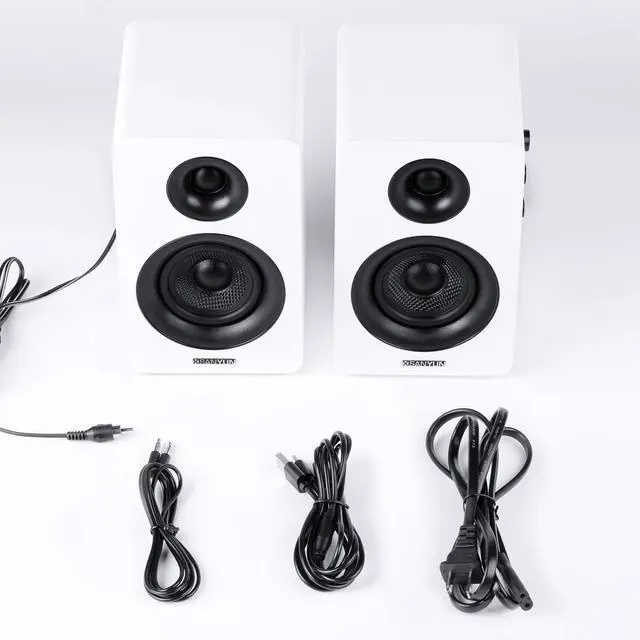 Alt view image 7 of 7 - SW208 3" Active Bluetooth 5.0 Bookshelf Speakers 60W Carbon Fiber Speaker Unit - Built-in 24bit DAC Dynamic 3D Surround Sound 2.0 Computer PC Monitor Gaming (Pair, White)