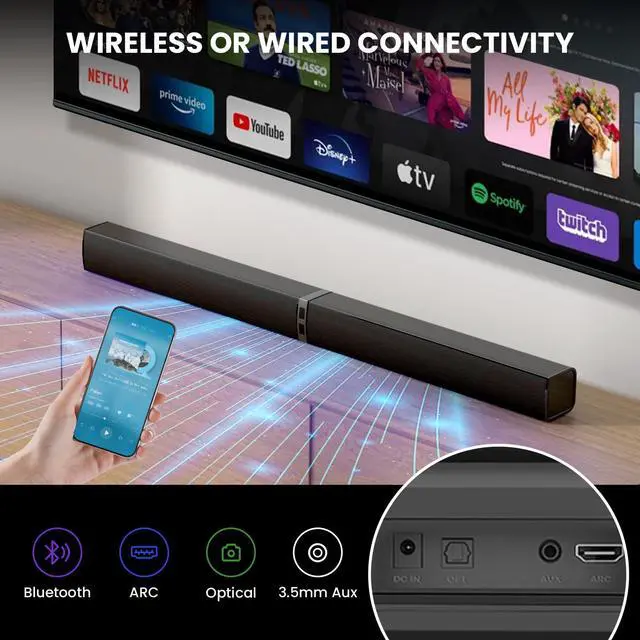 Alt view image 7 of 7 - Sound Bar for Smart TV80W Detachable Bluetooth Soundbar with Powerful Bass, 2-in-1 Home Theater Audio System, ARC/Optical/AUX Connectivity for TV/PC/Laptop/Game Console