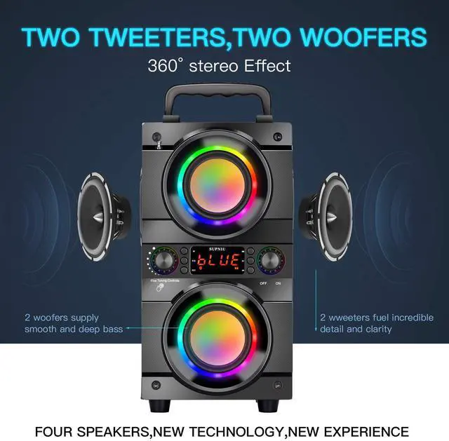 Alt view image 4 of 7 - 60W (80W Peak) Portable Bluetooth Speaker with Double Subwoofer Heavy Bass, Bluetooth 5.0 Wireless 100ft Outdoor Speaker, Support FM Radio, LED Colorful Lights, Stereo Sound, for Home, Party, Travel