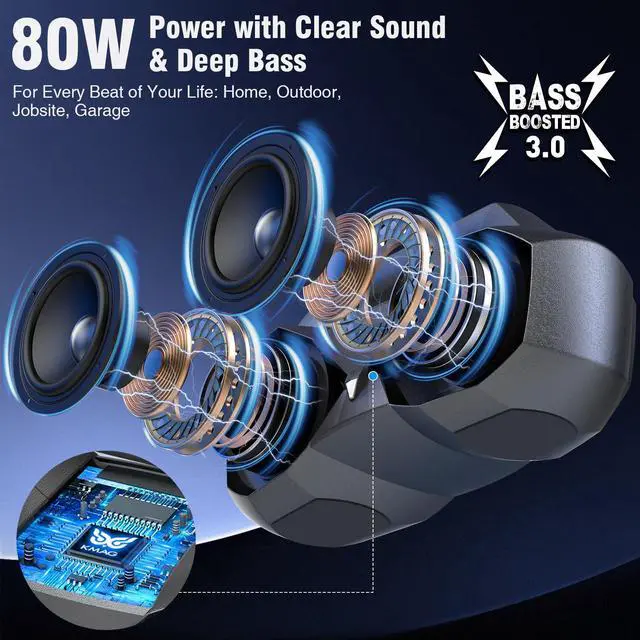 Alt view image 2 of 7 - Bluetooth Speaker Wireless, 80W Loud Speaker with Deeper Bass, IPX7 Waterproof, 20H Playtime, Cool Lights, TWS, Portable Speaker for Home, Outdoor, Workshop, Party, Gift for All