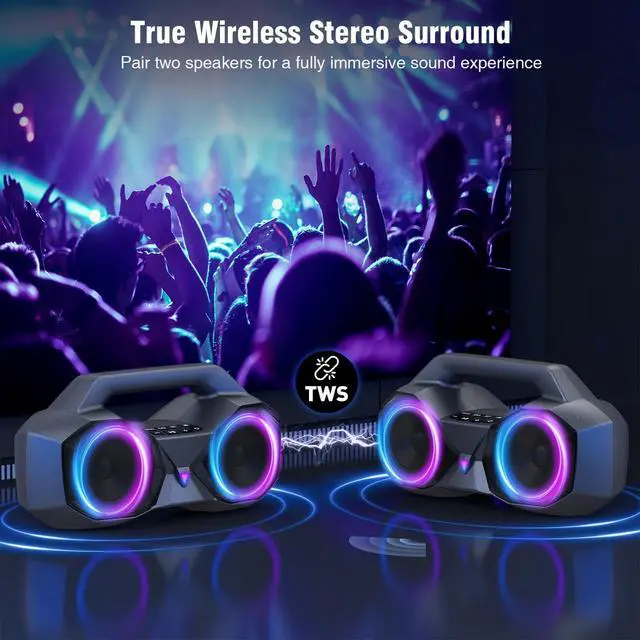 Alt view image 6 of 7 - Bluetooth Speaker Wireless, 80W Loud Speaker with Deeper Bass, IPX7 Waterproof, 20H Playtime, Cool Lights, TWS, Portable Speaker for Home, Outdoor, Workshop, Party, Gift for All