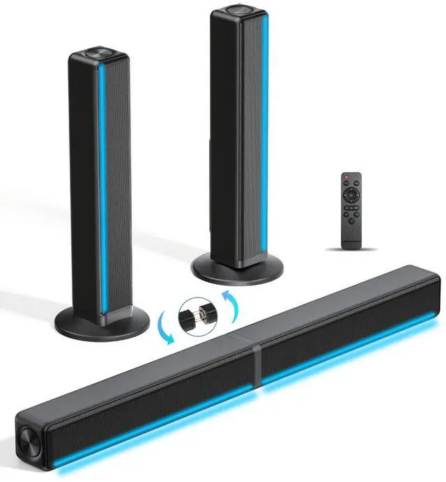 Main image of TV Sound Bar, Soundbar with RGB LED Lights & 2.1CH Bluetooth Speaker Surround System, 180W Surround Sound, AUX/Optical/HDMI ARC Home Theater Speaker, 2 in 1 Detachable for Smart TV/Projector/Gaming/PC