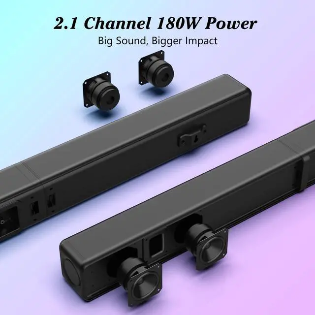 Alt view image 3 of 7 - TV Sound Bar, Soundbar with RGB LED Lights & 2.1CH Bluetooth Speaker Surround System, 180W Surround Sound, AUX/Optical/HDMI ARC Home Theater Speaker, 2 in 1 Detachable for Smart TV/Projector/Gaming/PC