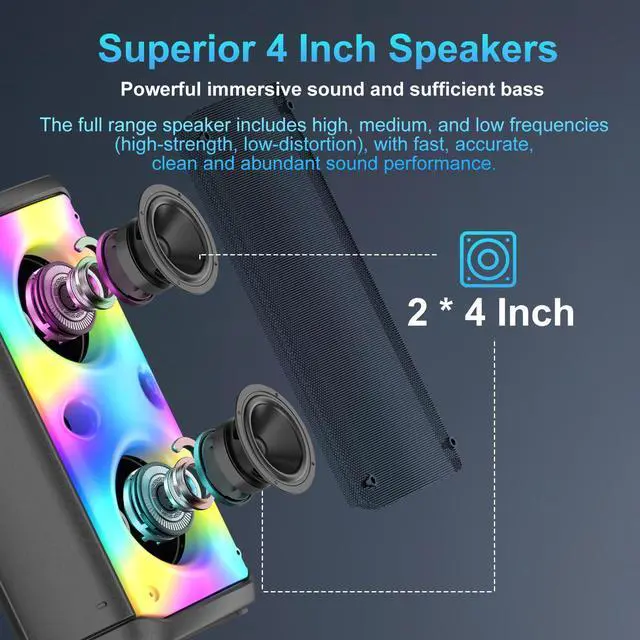 Alt view image 2 of 7 - Bluetooth Speaker, 80W Peak Outdoor Speakers Bluetooth Wireless, TWS Portable Party Speakers with Subwoofer, Deep Bass, LED Colorful Lights, Loud Stereo Sound Boombox for Home, Camping, Travel