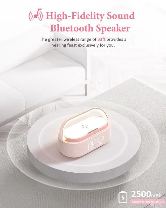 Alt view image 2 of 7 - Bluetooth Speaker with Wireless Charger, FM Radio, Dimmable LED Night Light, Dual Wireless Speakers, 2500mAh Portable Speaker for Home Decoration, Bedroom, Office, Gift