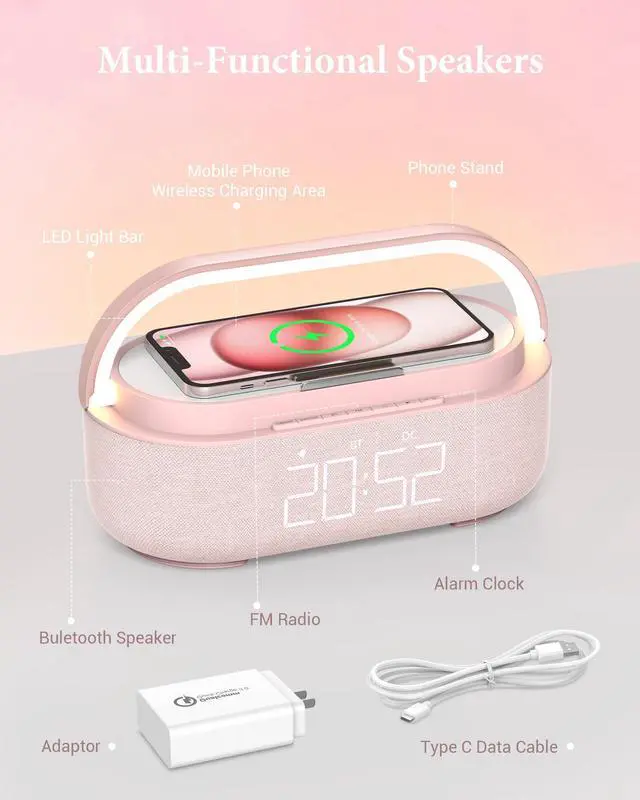 Alt view image 5 of 7 - Bluetooth Speaker with Wireless Charger, FM Radio, Dimmable LED Night Light, Dual Wireless Speakers, 2500mAh Portable Speaker for Home Decoration, Bedroom, Office, Gift