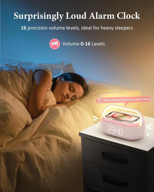 Alt view image 4 of 7 - Bluetooth Speaker with Wireless Charger, FM Radio, Dimmable LED Night Light, Dual Wireless Speakers, 2500mAh Portable Speaker for Home Decoration, Bedroom, Office, Gift