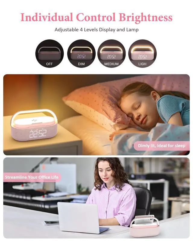 Alt view image 6 of 7 - Bluetooth Speaker with Wireless Charger, FM Radio, Dimmable LED Night Light, Dual Wireless Speakers, 2500mAh Portable Speaker for Home Decoration, Bedroom, Office, Gift
