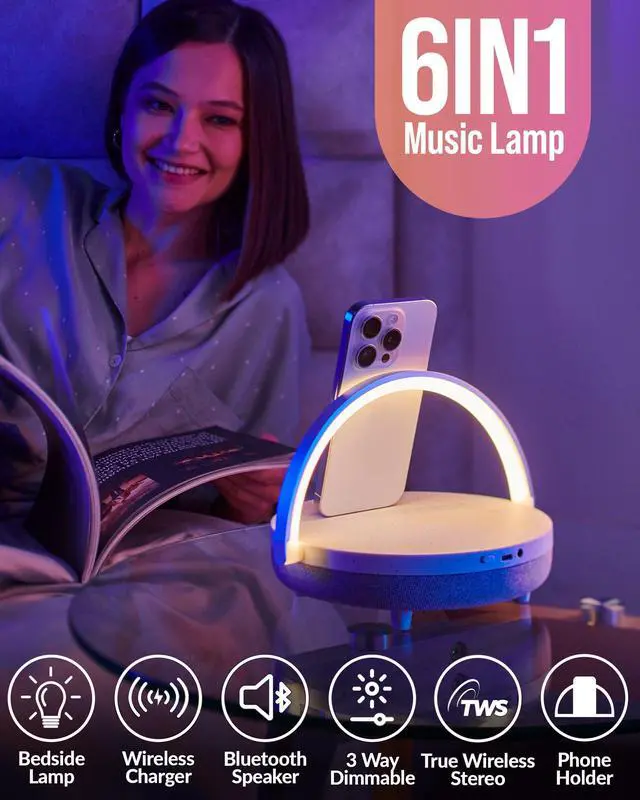 Alt view image 3 of 7 - Bedside Lamp with Wireless Charger, 6 in 1 Touch Bedside Lamp, Portable Bluetooth Speaker, Birthday Gifts for Women, Gift for Her, Mom, Dad, Mens Gifts for Birthday Unique