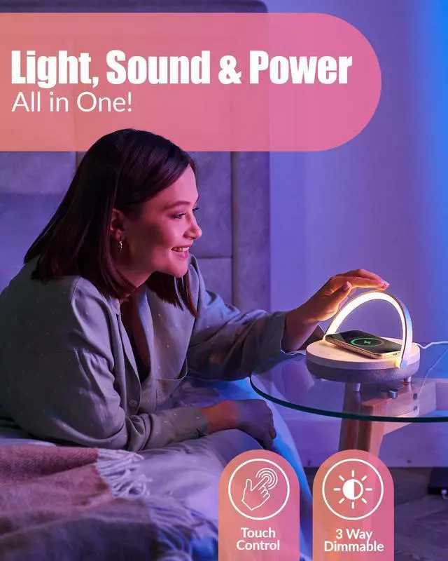 Alt view image 4 of 7 - Bedside Lamp with Wireless Charger, 6 in 1 Touch Bedside Lamp, Portable Bluetooth Speaker, Birthday Gifts for Women, Gift for Her, Mom, Dad, Mens Gifts for Birthday Unique
