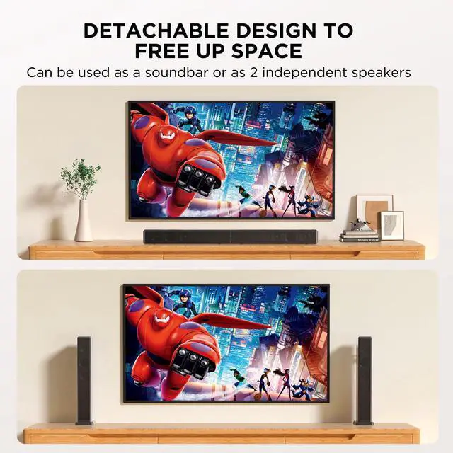 Alt view image 2 of 7 - 2.2ch 100W Sound Bar for Smart TV, 2-in-1 Detachable Bluetooth 5.3 Speaker with 3 EQ Modes & Adjustable Bass - Home Theater Audio for Movies, Gaming, Music