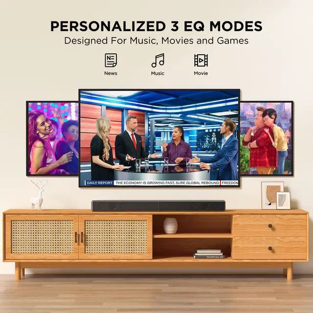 Alt view image 4 of 7 - 2.2ch 100W Sound Bar for Smart TV, 2-in-1 Detachable Bluetooth 5.3 Speaker with 3 EQ Modes & Adjustable Bass - Home Theater Audio for Movies, Gaming, Music