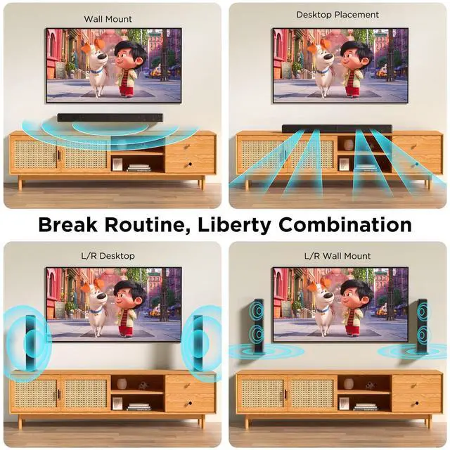 Alt view image 6 of 7 - 2.2ch 100W Sound Bar for Smart TV, 2-in-1 Detachable Bluetooth 5.3 Speaker with 3 EQ Modes & Adjustable Bass - Home Theater Audio for Movies, Gaming, Music