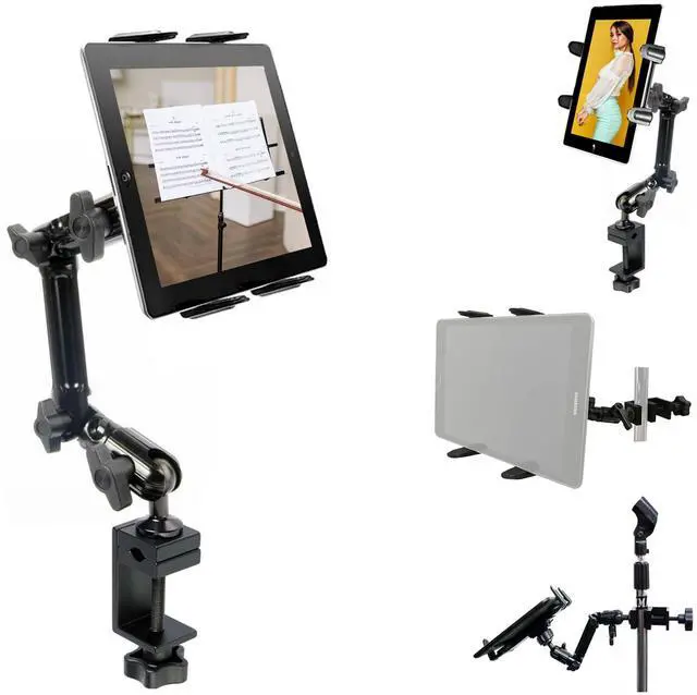 Main image of Heavy Duty 4-Way Adjust Aluminum Alloy Pole/Bar Music Mic Microphone Stand Clamp Mount for iPad Pro Air Mini Galaxy Surface Pro 7-12" Tablets (Good for Uber Eat Doordash Postmate salso)