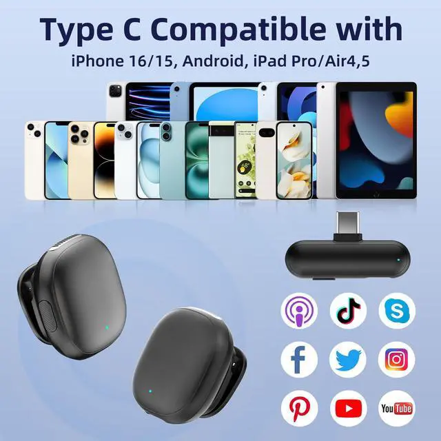 Alt view image 6 of 7 - Mini Wireless Microphone USB C for iPhone 17 16 15 iPad Android Phone | AI Noise Cancelling Clip on Lavalier Mic, 35H Charging Case, 328Ft Transmission for Video Recording Vlogging Podcasting