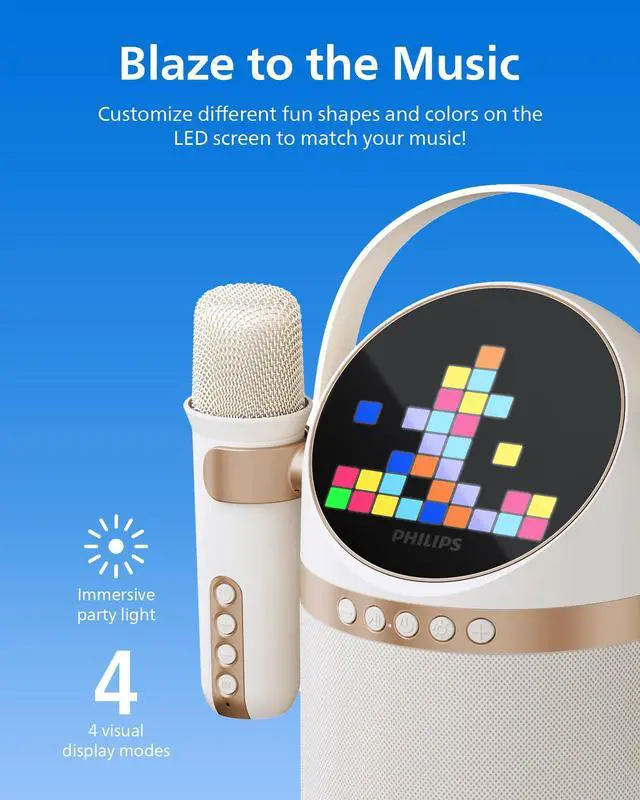 Alt view image 4 of 7 - S2508 Portable Karaoke Machine,Party Bluetooth Speaker with 2 Karaoke Microphones,7 H Battery,Multi-Colored Light Modes with Display Screen,6 Vocal Effects,USB,AUX or TF Card Input,Mini,White