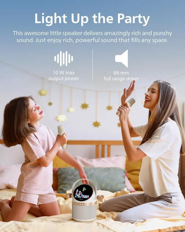 Alt view image 5 of 7 - S2508 Portable Karaoke Machine,Party Bluetooth Speaker with 2 Karaoke Microphones,7 H Battery,Multi-Colored Light Modes with Display Screen,6 Vocal Effects,USB,AUX or TF Card Input,Mini,White