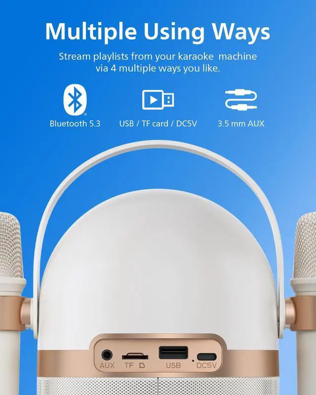 Alt view image 6 of 7 - S2508 Portable Karaoke Machine,Party Bluetooth Speaker with 2 Karaoke Microphones,7 H Battery,Multi-Colored Light Modes with Display Screen,6 Vocal Effects,USB,AUX or TF Card Input,Mini,White