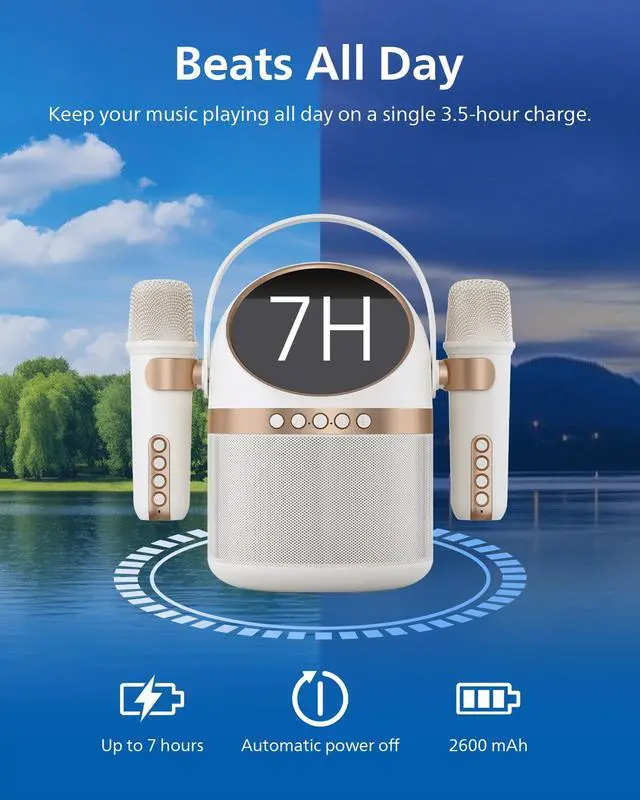 Alt view image 7 of 7 - S2508 Portable Karaoke Machine,Party Bluetooth Speaker with 2 Karaoke Microphones,7 H Battery,Multi-Colored Light Modes with Display Screen,6 Vocal Effects,USB,AUX or TF Card Input,Mini,White