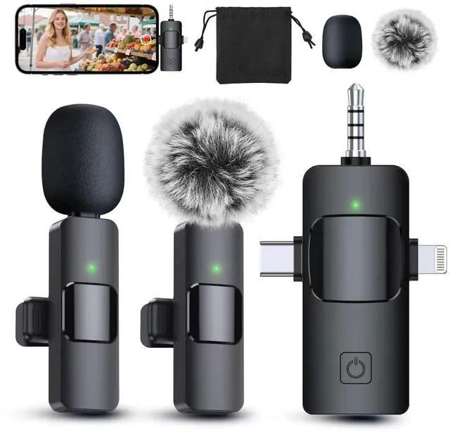 Main image of 3 in 1 Professional Wireless Lavalier Microphone for iPhone, Android, Camera, Wireless Microphones, Mini Microphone, Crystal Clear Sound Quality for Recording, Live Streaming, YouTube, TikTok