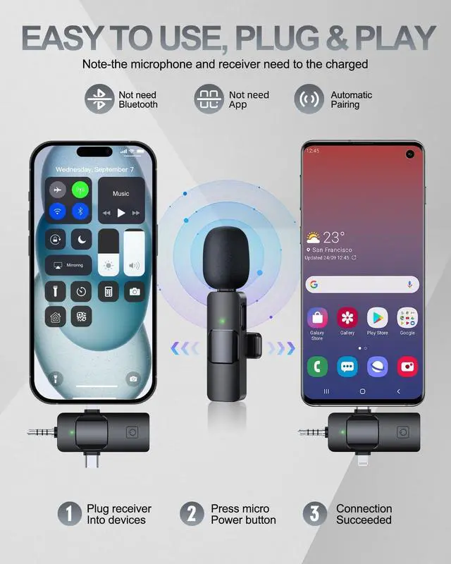 Alt view image 2 of 7 - 3 in 1 Professional Wireless Lavalier Microphone for iPhone, Android, Camera, Wireless Microphones, Mini Microphone, Crystal Clear Sound Quality for Recording, Live Streaming, YouTube, TikTok
