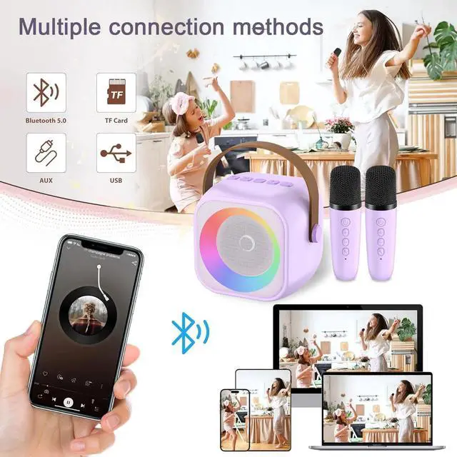 Alt view image 6 of 7 - Mini Karaoke Machine for Kids Adults, Karaoke Microphone Wireless Microphones Rechargeable with Wireless Speaker, Girls Kids Birthday Toys Gifts Presents, Purple