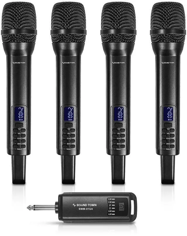 Main image of 2.4GHz Rechargeable Wireless Microphone System with 4 x Handheld Mic, 1/4" Mini Portable Receiver, Built-in EQ, Effects for Karaoke, Events, Church, Meetings (SWM-01U4)