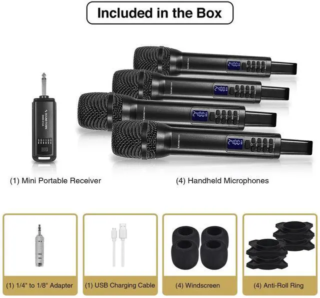 Alt view image 5 of 5 - 2.4GHz Rechargeable Wireless Microphone System with 4 x Handheld Mic, 1/4" Mini Portable Receiver, Built-in EQ, Effects for Karaoke, Events, Church, Meetings (SWM-01U4)