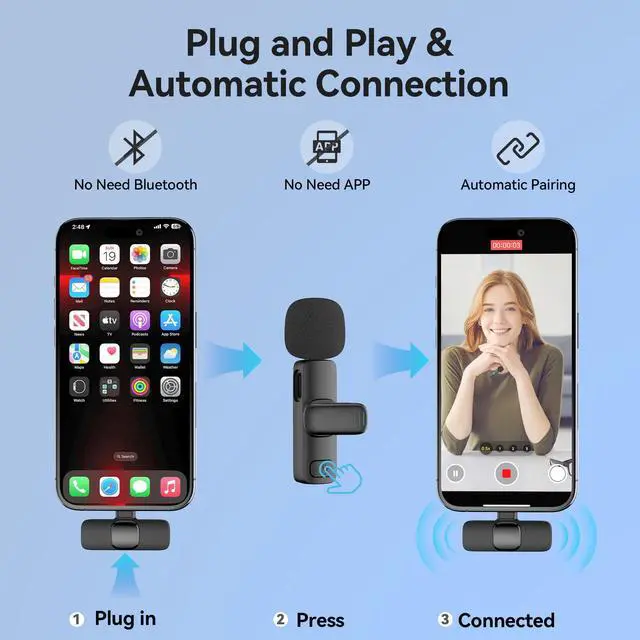 Alt view image 2 of 7 - USB-C Mini Wireless Lavalier Microphone for iPhone Android, 2 Pack Professional Lapel Mics for Recording, Clip-on Mic with Noise Reduction, Lav Mic for Interview TikTok Vlog YouTube