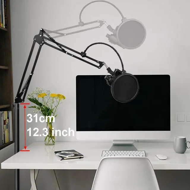 Alt view image 2 of 6 - Mic Stand Floor Boom Arm for Blue Yeti, Nano, Snowball, HyperX QuadCast, SM7B MV7, Fifine K688 and More Mic, Floor Microphone Stand with 3/8" to 5/8" 1/4" Screw, Pop Filter Mic Clip Cable Ties