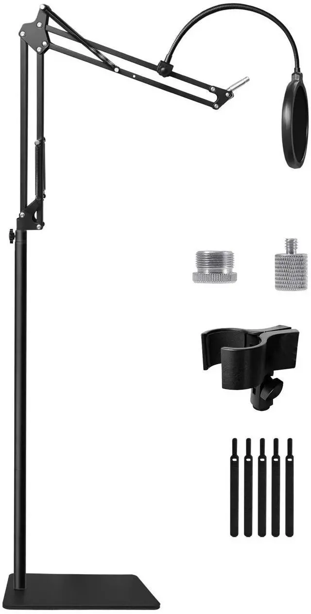 Main image of Mic Stand Floor Boom Arm for Blue Yeti, Nano, Snowball, HyperX QuadCast, SM7B MV7, Fifine K688 and More Mic, Floor Microphone Stand with 3/8" to 5/8" 1/4" Screw, Pop Filter Mic Clip Cable Ties