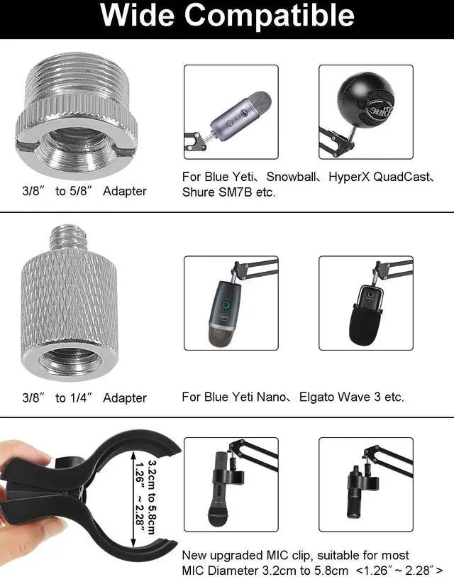 Alt view image 4 of 6 - Mic Stand Floor Boom Arm for Blue Yeti, Nano, Snowball, HyperX QuadCast, SM7B MV7, Fifine K688 and More Mic, Floor Microphone Stand with 3/8" to 5/8" 1/4" Screw, Pop Filter Mic Clip Cable Ties