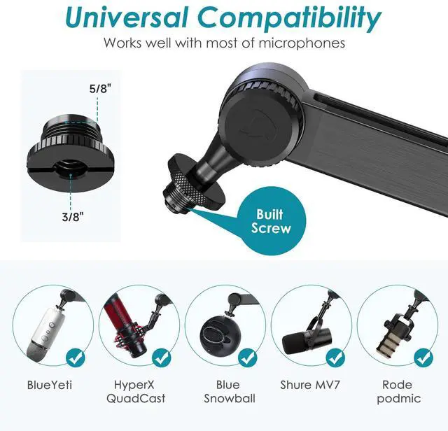 Alt view image 7 of 7 - Mic Boom Arm Stand Compatible with Shure SM7B, MV7, Blue Yeti Mic, Fifine microphone, HyperX QuadCast Mic and Most Microphones, Premium Microphone Arm by