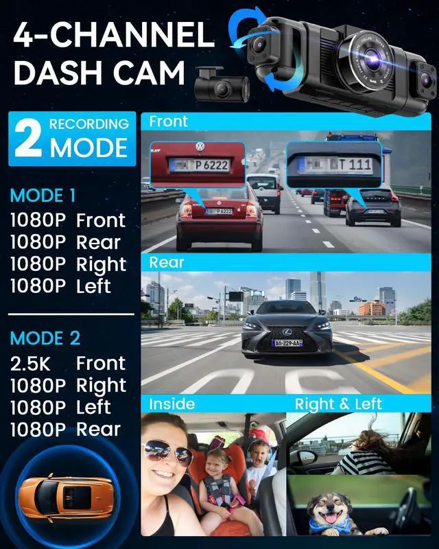 Alt view image 3 of 7 - N5 4 Channel Dash Cam 360° View, 1080P Front and Rear Inside, Left Right Dash Camera for Cars, 8 IR Lamps Night Vision, 5G WiFi & APP Control, G-Sensor, Parking Mode, with a Free 128GB SD Card
