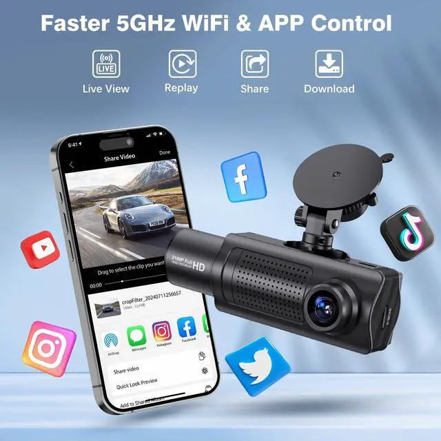 Alt view image 2 of 7 - X5 4K WiFi Dash Cam Front and Rear Inside, 2160P+1080P+1080P FHD 3 Channel Dash Camera for Cars, 360° All Sides Dashcam, Free 64G SD Card, G-Sensor, WDR, Night Vision, 24H Parking Monitor