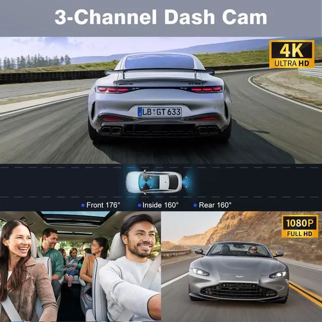 Alt view image 4 of 7 - X5 4K WiFi Dash Cam Front and Rear Inside, 2160P+1080P+1080P FHD 3 Channel Dash Camera for Cars, 360° All Sides Dashcam, Free 64G SD Card, G-Sensor, WDR, Night Vision, 24H Parking Monitor