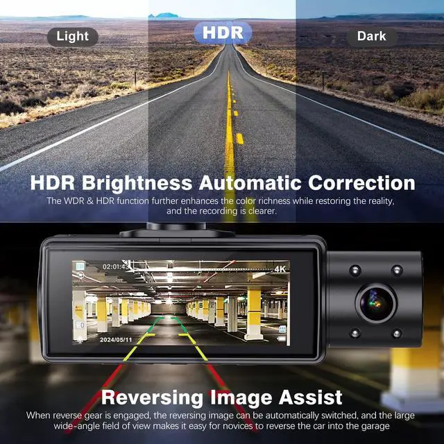 Alt view image 7 of 7 - X5 4K WiFi Dash Cam Front and Rear Inside, 2160P+1080P+1080P FHD 3 Channel Dash Camera for Cars, 360° All Sides Dashcam, Free 64G SD Card, G-Sensor, WDR, Night Vision, 24H Parking Monitor