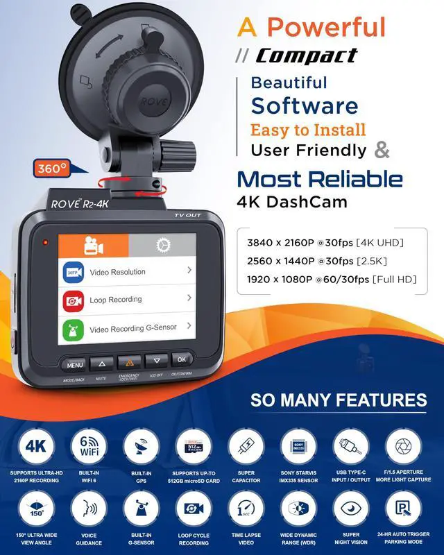 Alt view image 2 of 7 - R2-4K Dash Cam Built-in WiFi 6 GPS Car Dashboard Camera Recorder with UHD 2160P, 2.4" IPS Screen, 150° Wide Angle, WDR, Night Vision
