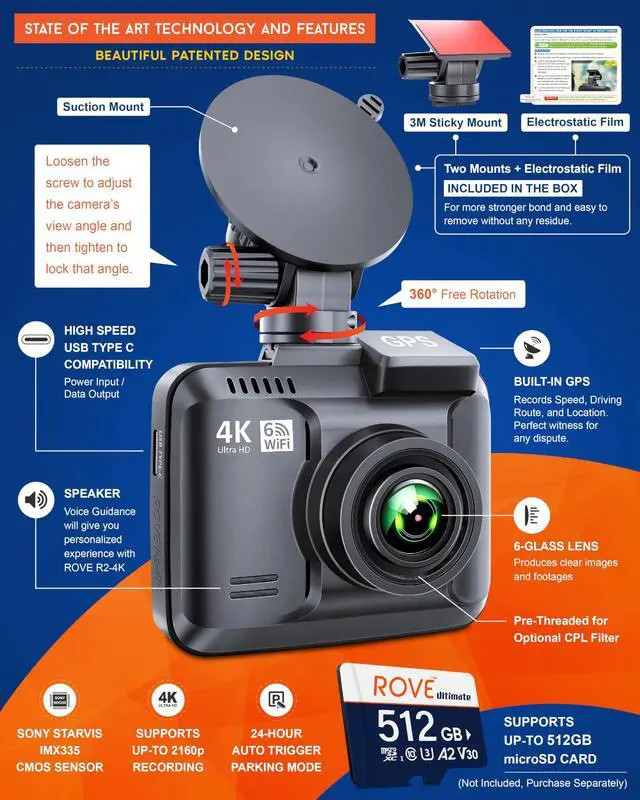 Alt view image 3 of 7 - R2-4K Dash Cam Built-in WiFi 6 GPS Car Dashboard Camera Recorder with UHD 2160P, 2.4" IPS Screen, 150° Wide Angle, WDR, Night Vision