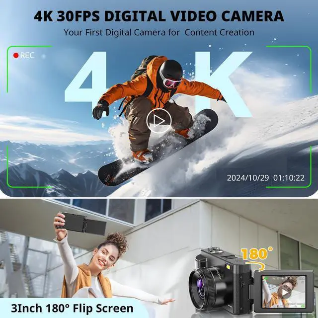 Alt view image 2 of 7 - 4K Digital Camera for Photography Autofocus, 2024 Latest 48MP Vlogging Camera for YouTube with SD Card, 2 Batteries, 3" 180°Flip Screen Compact Travel Camera for Teens with 16X Zoom, Anti-Shake,Black