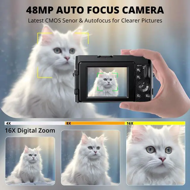 Alt view image 3 of 7 - 4K Digital Camera for Photography Autofocus, 2024 Latest 48MP Vlogging Camera for YouTube with SD Card, 2 Batteries, 3" 180°Flip Screen Compact Travel Camera for Teens with 16X Zoom, Anti-Shake,Black