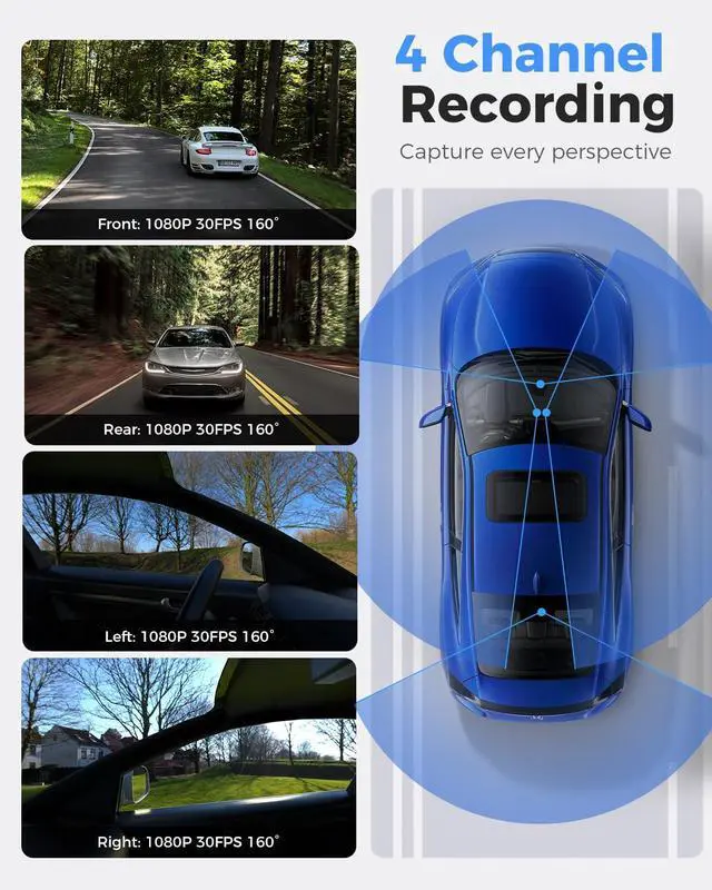 Alt view image 2 of 7 - 360 View 4 Channel Dash Cam Front and Rear Left Right Inside Camera for Cars, GPS and 5G Band WiFi, Night Vision, 160 Wide Angle, WDR, 24H Parking Mode, Supercapacitor, Included 128GB Card